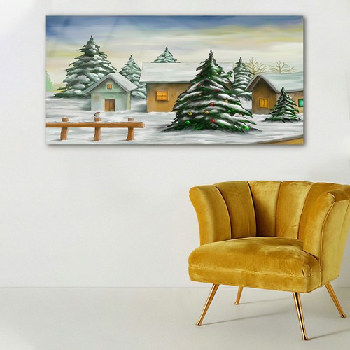 Wandbilder Glasbild Druck auf Glas 140x70 Kleines Dorf Weihnachtslandschaft - Bild 2 von 7
