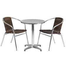 Flash 23.5'' Round Aluminum Table Set with 2 Dark Brown Rattan Chairs