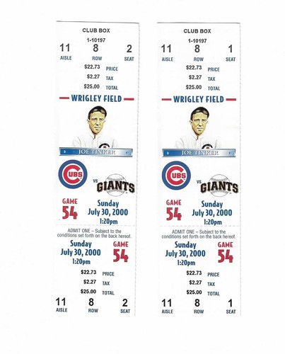 Chicago Cubs vs San Francisco Giants Unused Baseball Tickets from 7/30/2000