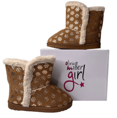 Olivia Miller Girl Faux Fur Chestnut Brown Sz 4 Winter Snowflake Boots Slip-Ons