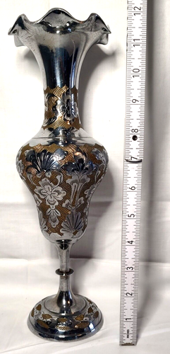 Vintage Silver Toned Engraved Vase Made In India 12" - Picture 1 of 3