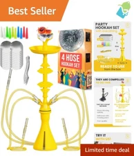 Complete 4 Hose Yellow Hookah Set with Big Bowl & Easy Assembly - Perfect Gift
