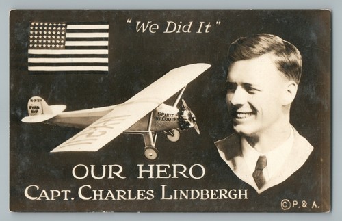 Charles Lindbergh "Our Hero" Spirit of St. Louis RPPC Antique Airplane Photo 20s