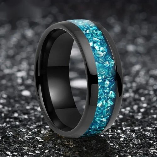 4/6/8MM Men Women Tungsten Carbide Ring Sky Blue Crystal Stone Inlaid Ring Band - Picture 2 of 20