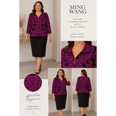 Ming Wang Zip Front Jacard Magenta Black 3/4 Sleeve Jacket Topper XL $159