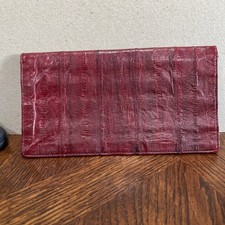 Genuine Eel Skin Reddish Brown Long Bi-fold Wallet Checkbook Credit Cards Korea