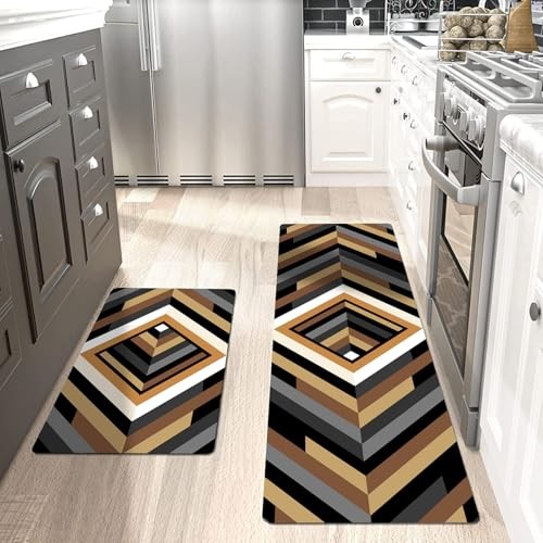 2-Piece Cushioned Anti-Fatigue Kitchen Rug Set - Brown/Grey - 17.3x30 & 17.3x47 Inches - 0.47in Thick