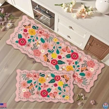 Chic Scalloped Pink Cushioned Kitchen Mats - 2PC Anti-Fatigue Non-Slip Rugs