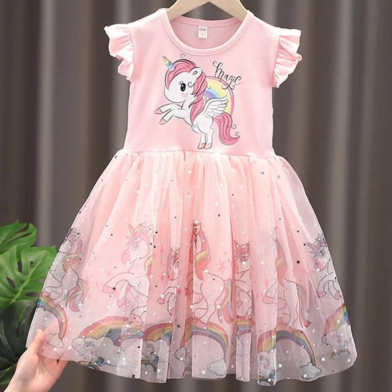 Girls Clothes 2025 New Summer Princess Dresses Flying Sleeve Kids Dress Unicorn
