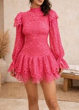 NWT The Sang Parisian Vibe Lace Layered Long Sleeve Mini Dress in Fuchsia sz S