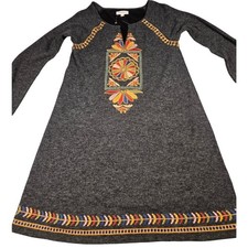 THML Women Charcoal Gray Embroidered Long Sleeve Sweater Dress Boho FTM944 S