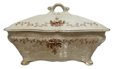 Very Old Antique P.H. Leonard Ironstone covered tureen with pink floral design.