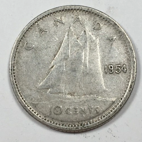 1954 Canada 10 Cents - Elizabeth II - Fine (F) KM#51 Key Date 80% Silver - 8216