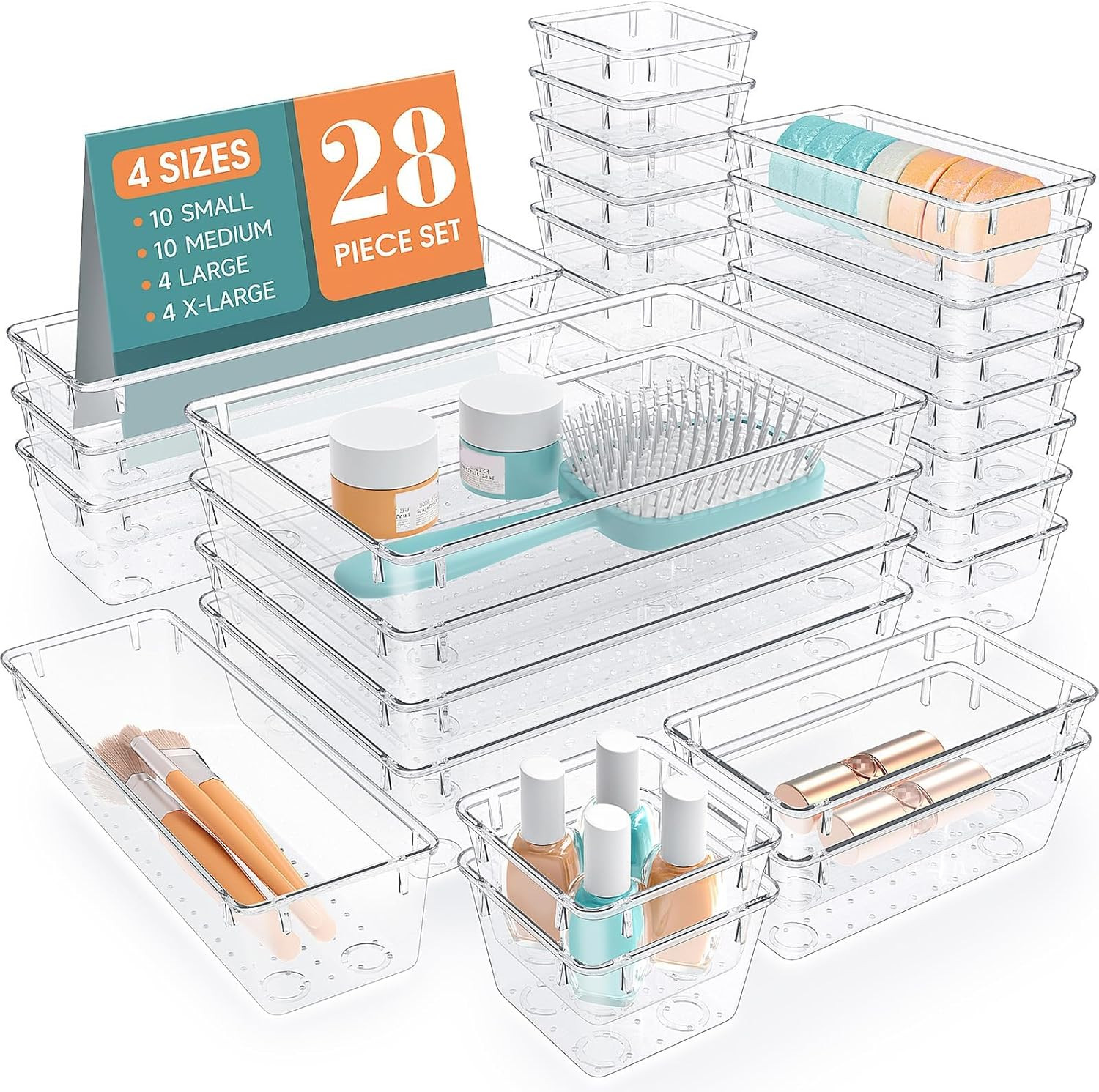 Clear Drawer Organizers Set 28 PCS Desk Drawer Storage Trays Gadgets Access…
