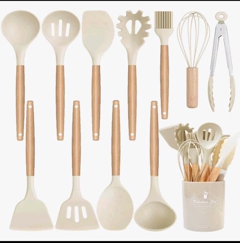 12PCs Silicone Kitchen Utensils Set with Wooden Handles Non-Stick Heat Resistant