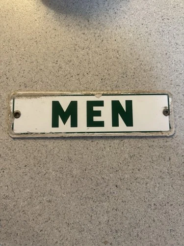 Vintage Porcelain Sign Metal MEN Bathroom Gas Station Sign Rare 10x3 Inches