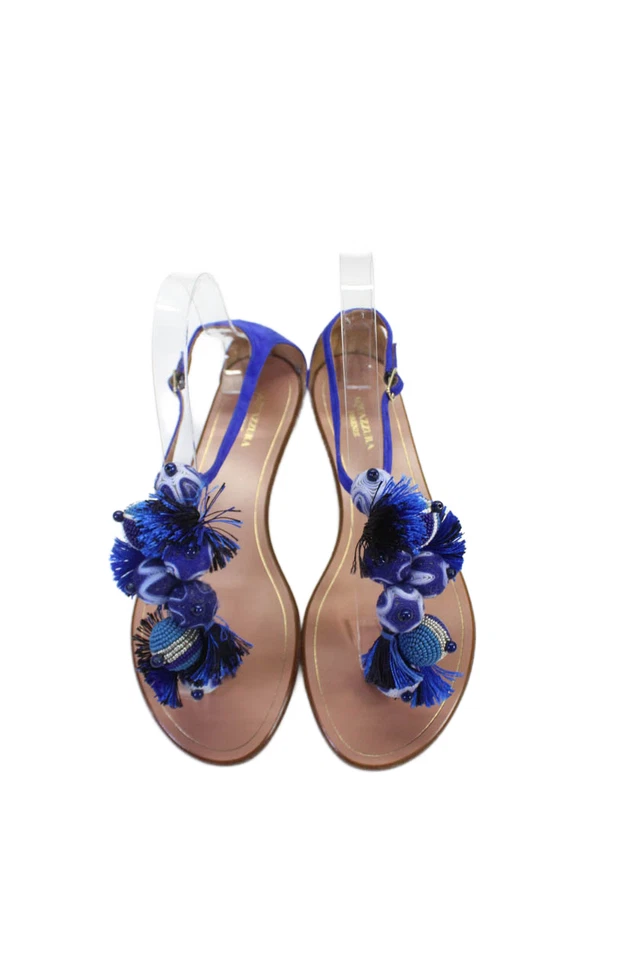 Aquazzura Womens Fringe Beaded Pom Embellished T Strap Sandals Blue Suede 37 - Image 2 of 4
