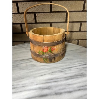 Vintage Hand Painted Rose Wooden Bucket Primitive Stave Pail with Handle