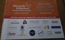 20% Off Mitchells & Butlers Vouchers x 3 Harvester Miller & Carter Toby Carvery