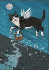 5x7 PRINT OF PAINTING  RYTA TUXEDO BLACK CAT ANGEL FAIRY XMAS Folk Art landscape