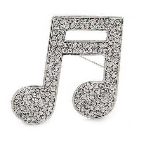 Silver Plated Pave Set Clear Crystal Musical Note Brooch - 35mm - Picture 1 of 4