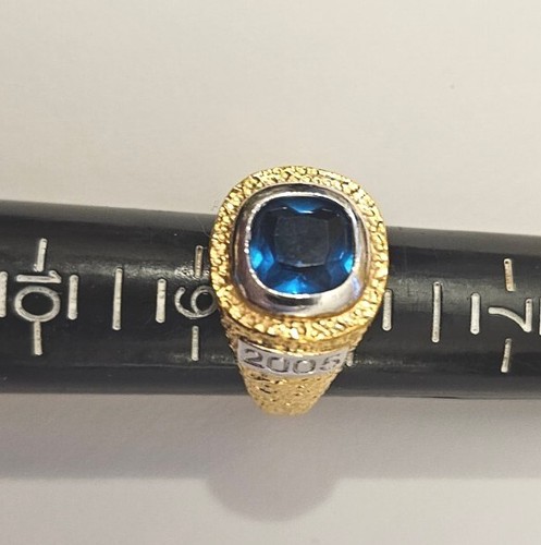 Stylish Michael Kors Hammered 18K Gold Plated/Silver Blue Sapphire Ring MK 2005 - Picture 12 of 20