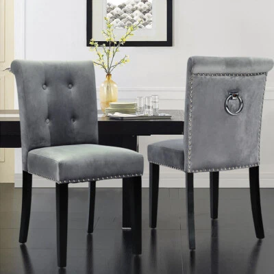 Set of 2/4 Dining Chairs Tufted Velvet with Back Knocker Accent Chairs in Grey