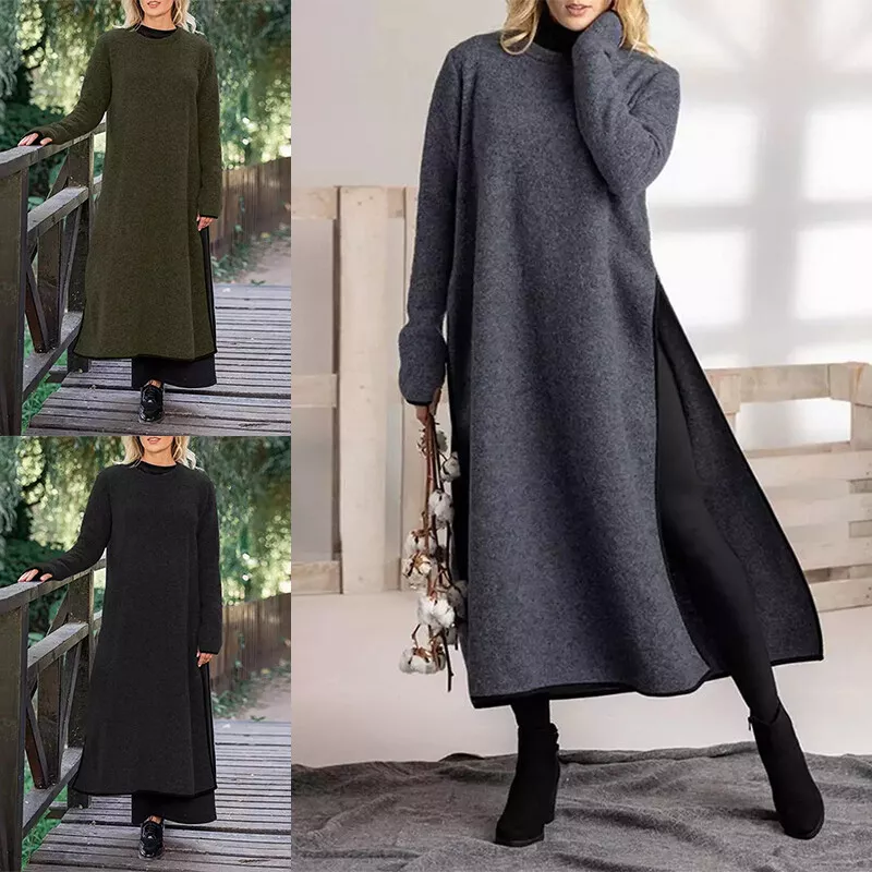 Ladies Loose Long Sleeve Maxi Dresses Women Casual Slit Winter Sweatshirt  Dress