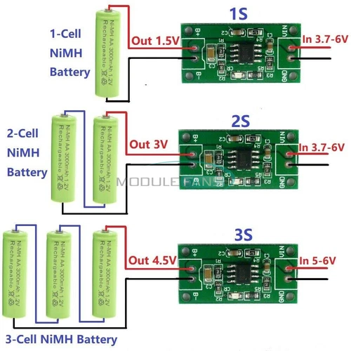 NiMH Rechargeable Battery Charger Module 1S/2S/3S DC 3.5~6V 1A To DC1.5V/3V/4.5V