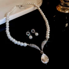 3 Pcs Rhinestone Pearl Rectangular Earrings Necklace Set Two-Piece Vintage Choke