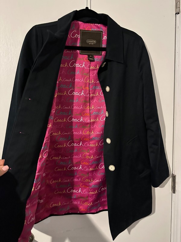 Coach Vintage Trench Coat Jacket Button Down Black & Pink  Logo Lining Size S