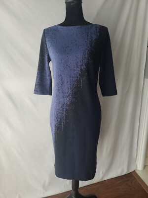 WOMEN'S RONEN CHEN NAVY/ LIGHT BLUE ABSTRACT 3/4 SLEEVE KNIT SHIFT  DRESS SZ 6
