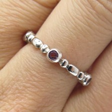 925 Sterling Silver Real Round-Cut Amethyst Gem Beaded Band Ring Size 7