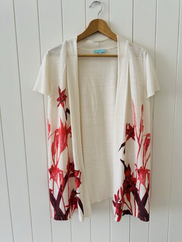 Blue Illusion Linen Cotton Cardigan Size L Off White Floral Short Sleeve Open