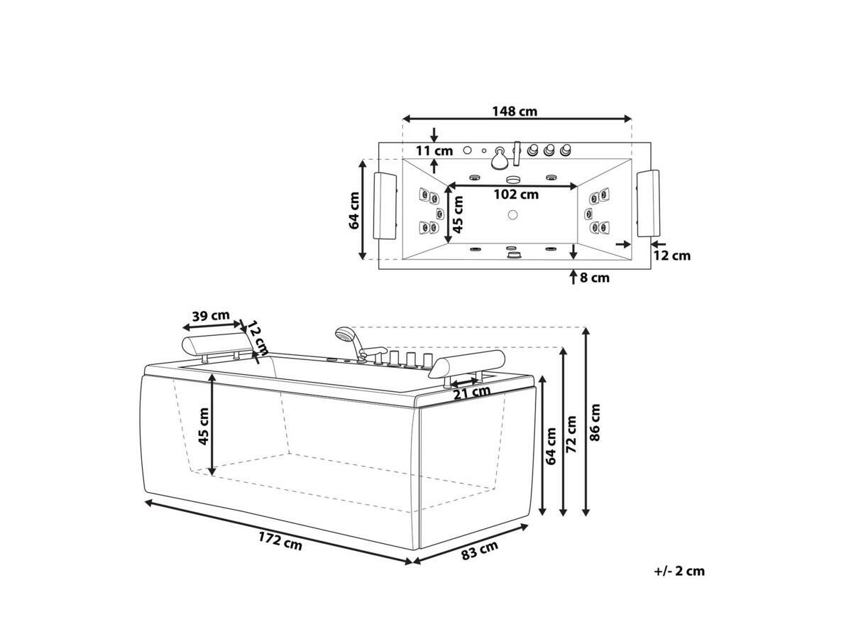 Baignoire Balnéo Whirlpool Avignon Basic – LED, 8 Jets – 180x120 Cm – Blanc