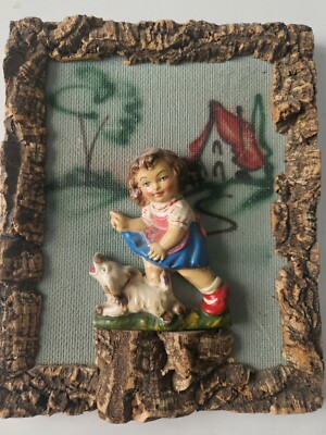 Vintage 3D Figural Picture In Cork Frame Molded Girl and Dog ITALY