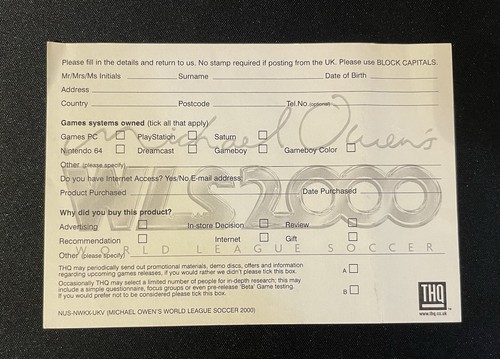 THQ Reg Card Insert Leaflet N64 Nintendo 64 Michael Owen MLS 2000 C-NUS-NWKX-UKV - Picture 2 of 2