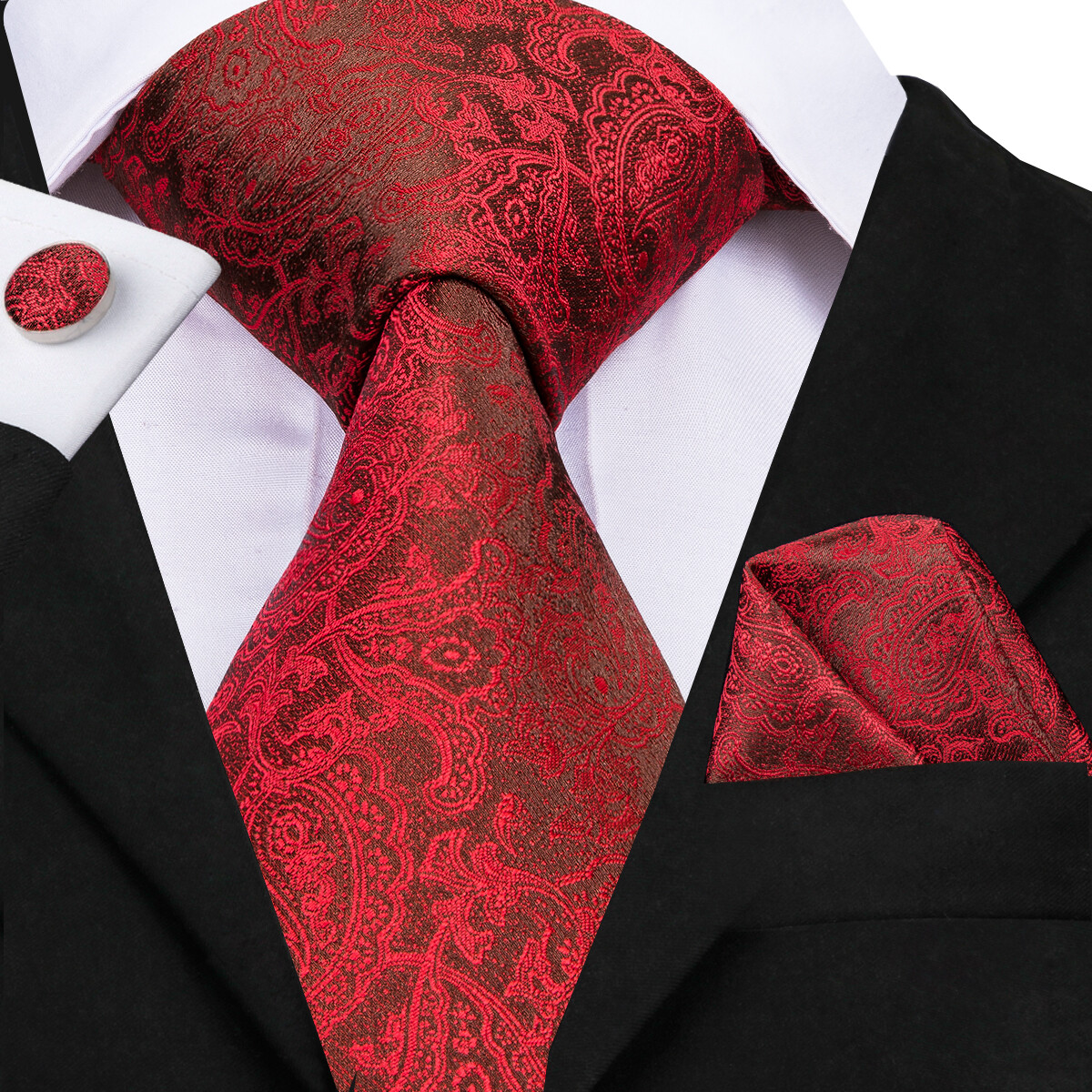 Mens Silk Tie Set Red Necktie Hanky Cufflinks Solid Paisley Floral