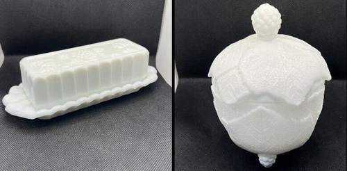 VTG Westmoreland Milk Glass Butter/Candy Dish Harvest Grape Leaf Pattern 4 pc