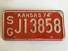 1974 Kansas License Plate SG-J13858, Nice, Vintage & Authentic