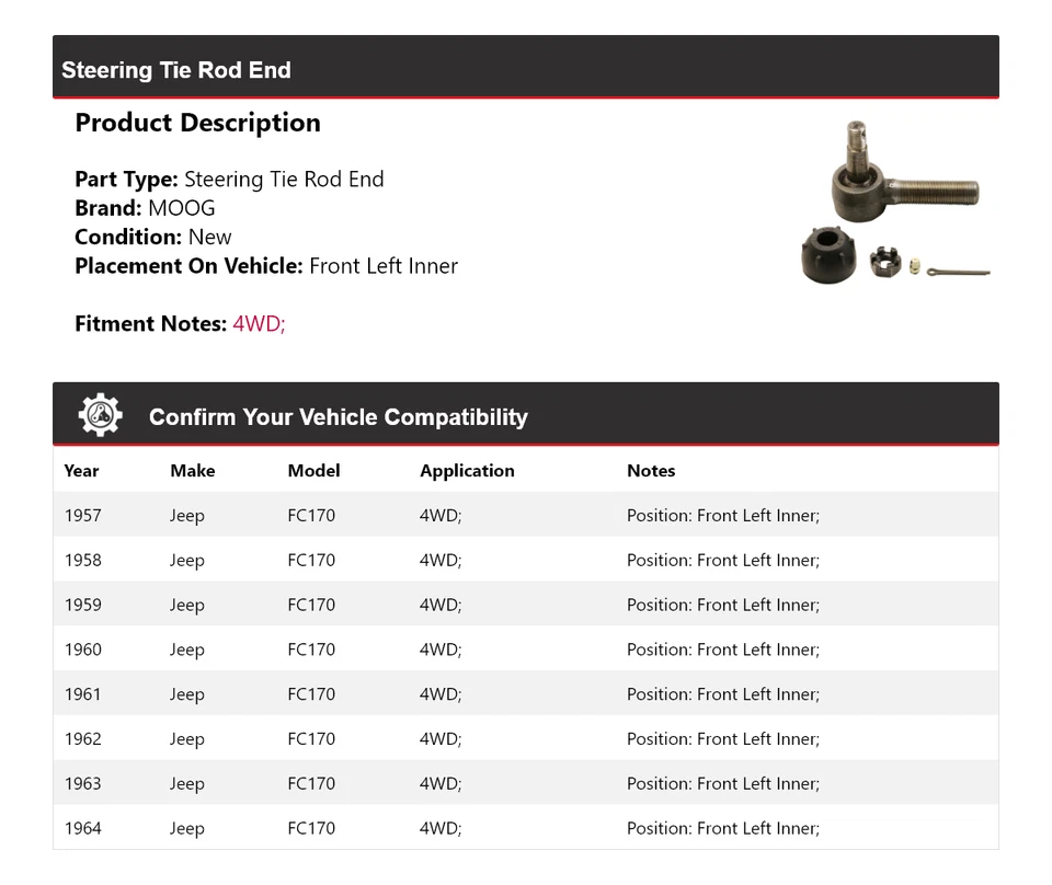 Para Jeep FC170 1957-1964 4x4 extremo de barra de dirección delantero izquierdo interior MOOG 1957 Foto 2 de 4