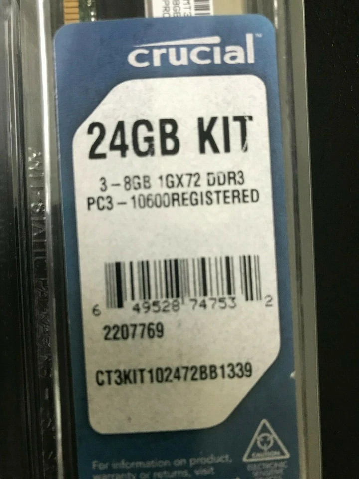 NEW Crucial 24GB (3x8GB) DIMM 240-pin ECC Registered DDR3 1333 Server Memory - Image 3 of 4