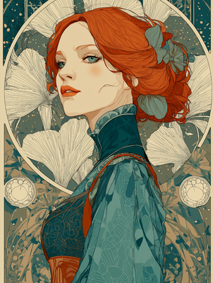 Red Haired Woman in Blue Dress Art Nouveau Floral Poster 18x24in | eBay