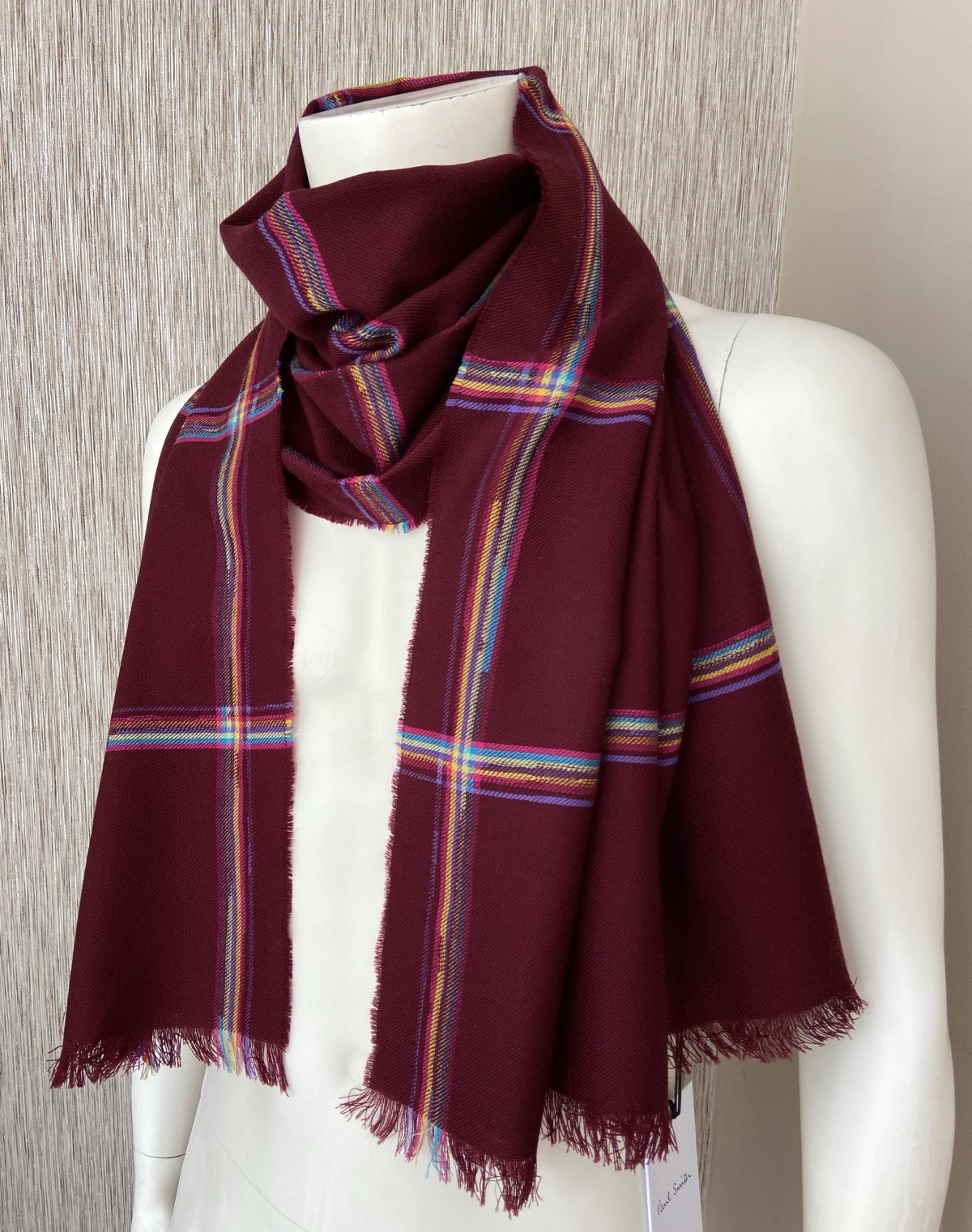 PAUL SMITH MAROON RAINBOW STRIPE CHECK SCARF MADE IN ENGLAND BNWT