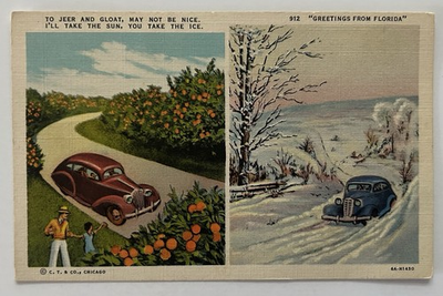 #ad Vintage 1940s Greetings From Florida Linen Postcard Sun vs Ice Auto Humor A4 $11.95