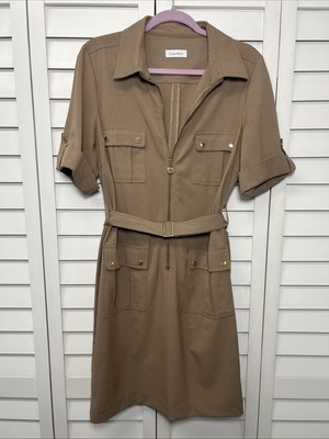 Calvin Klein Short Sleeve 1/2 Zip Belted Utility Stretch Dress Size 12 Tan