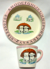 Antique 1940s Japan Childs ABC 123 Baby Bowl Dish  Cup Raining Puppies B2