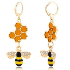 Bee Earrings for Women Gold Honeycomb Huggie Hoop Earrings Long Bumble Bee Dangl