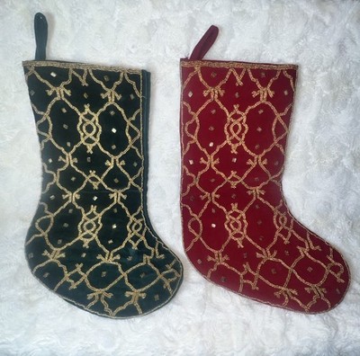 TWO Christmas Stockings Green & Red Velvety Gold-Tone Beaded Intricate Elegant