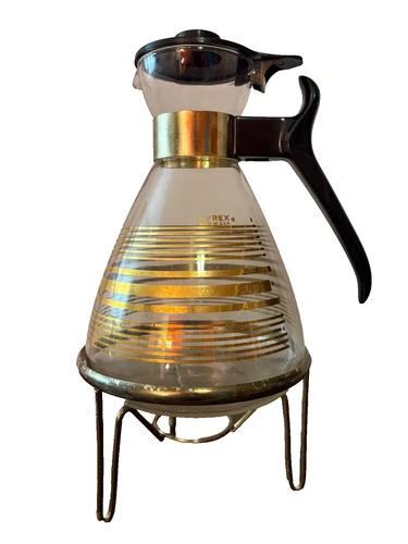 Vintage Pyrex MCM Gold Banded Glass Coffee Carafe with Lid & Metal Warming Stand
